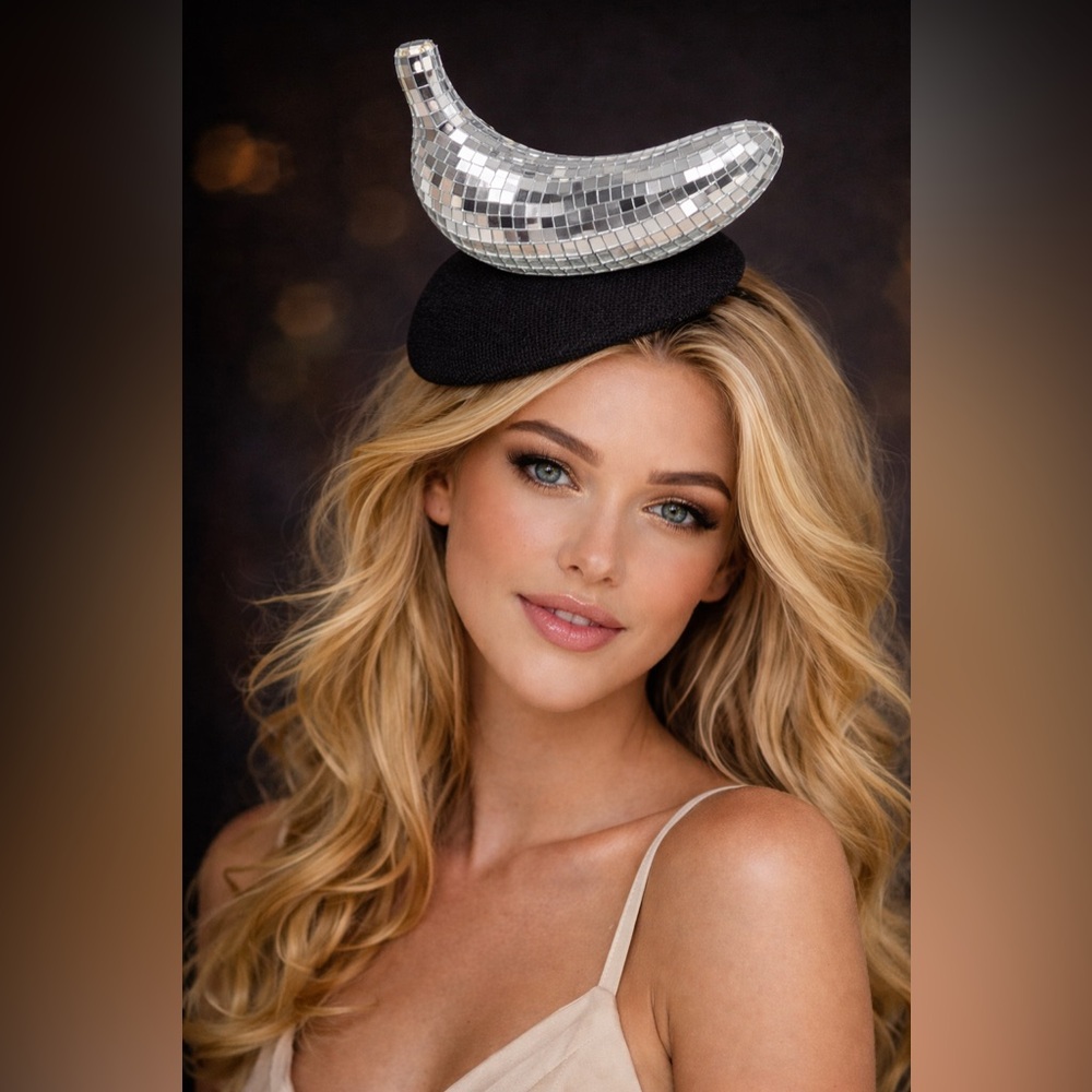 Disco Banana Fascinator Black Sinamay Base Party Hat Statement Headpiece